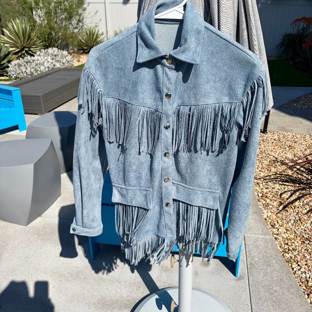 Vintage vegan suede Western fringed jacket, powder blue, size XS